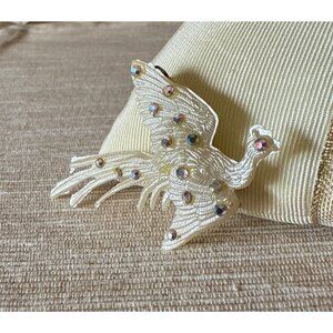 Vintage Iridescent Rhinestone Bird Brooch Pin white Feathers Sparkle